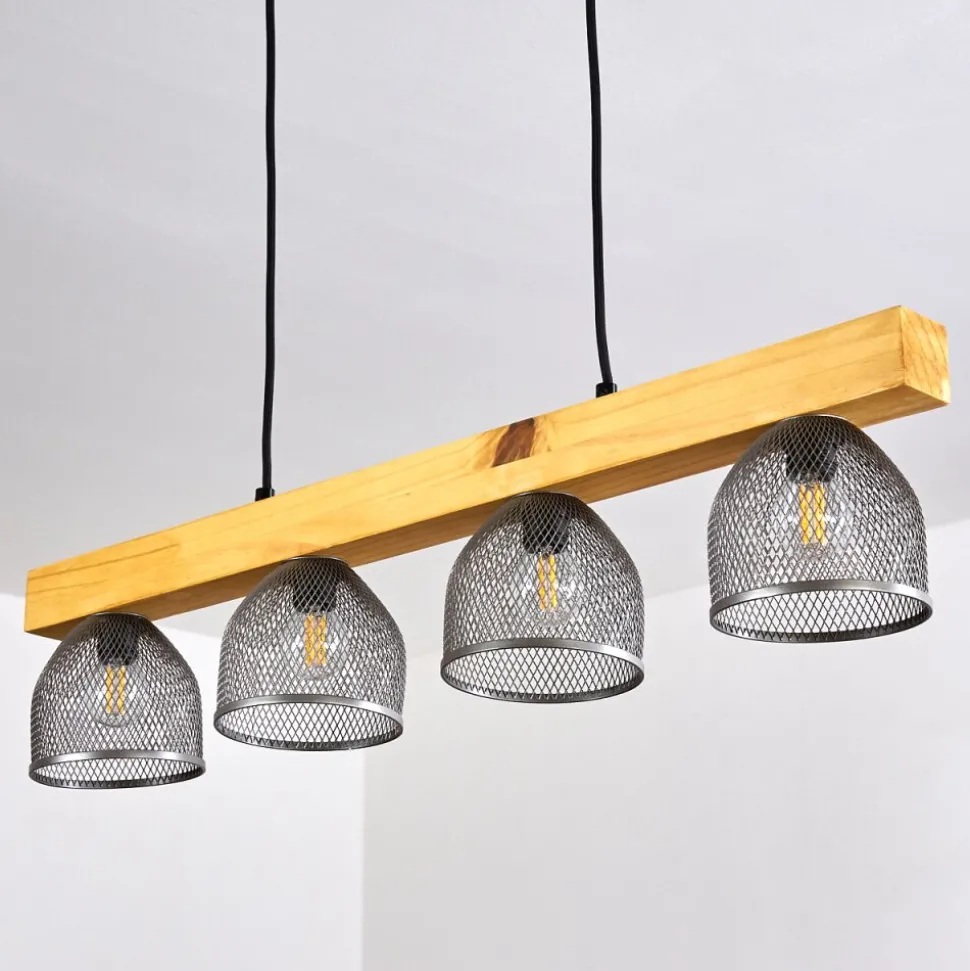 Suspension Camotes Bois Clair, Nickel Mat, 4 Lumieres