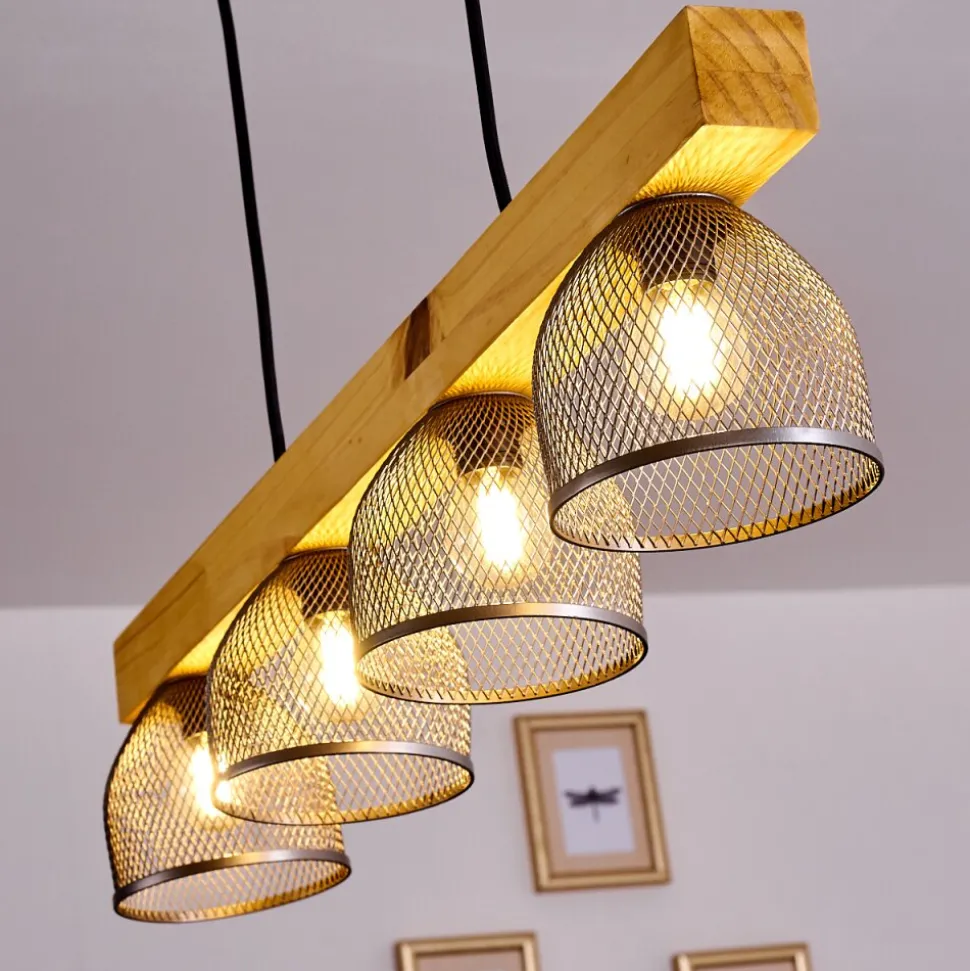 Suspension Camotes Bois Clair, Nickel Mat, 4 Lumieres