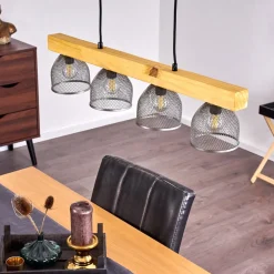 Suspension Camotes Bois Clair, Nickel Mat, 4 Lumieres
