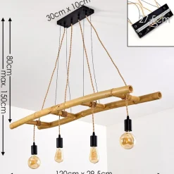 Suspension Canazei Brun, Bois Clair, Noir, 4 Lumieres
