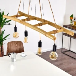Suspension Canazei Brun, Bois Clair, Noir, 4 Lumieres