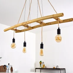 Suspension Canazei Brun, Bois Clair, Noir, 4 Lumieres
