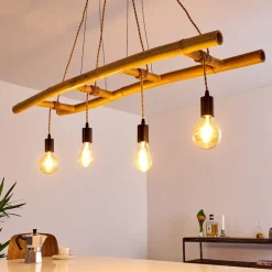 Suspension Canazei Brun, Bois Clair, Noir, 4 Lumieres