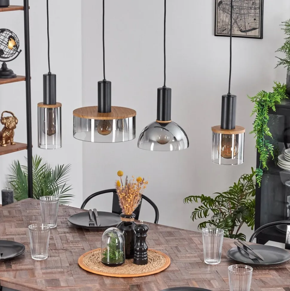 Suspension Classon Couleur Bois, Noir, 4 Lumieres