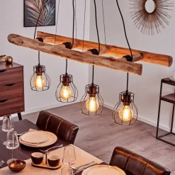 Suspension Gondo Bois Clair, Noir, 4 Lumieres