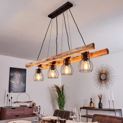 Suspension Gondo Bois Clair, Noir, 4 Lumieres