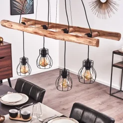 Suspension Gondo Bois Clair, Noir, 4 Lumieres