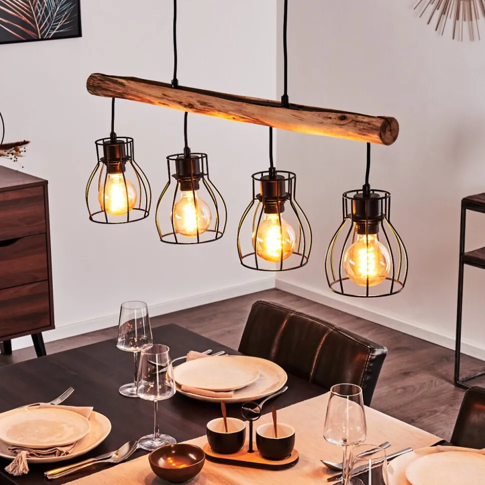 Suspension Gondo Bois Clair, Noir, 4 Lumieres