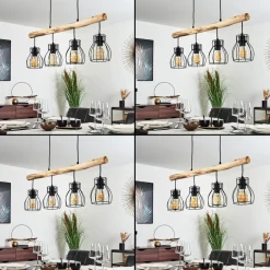 Suspension Gondo Bois Clair, Noir, 4 Lumieres