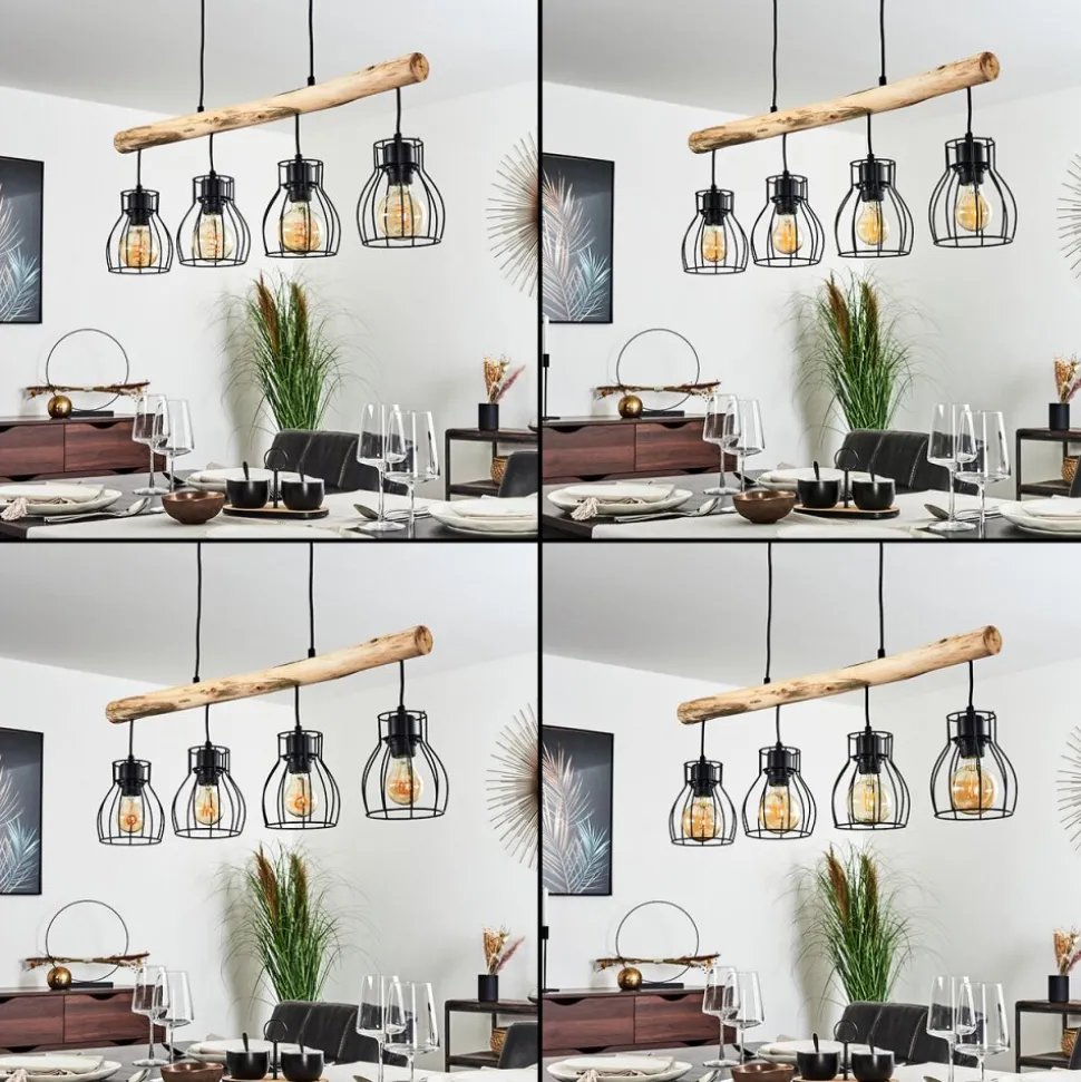 Suspension Gondo Bois Clair, Noir, 4 Lumieres
