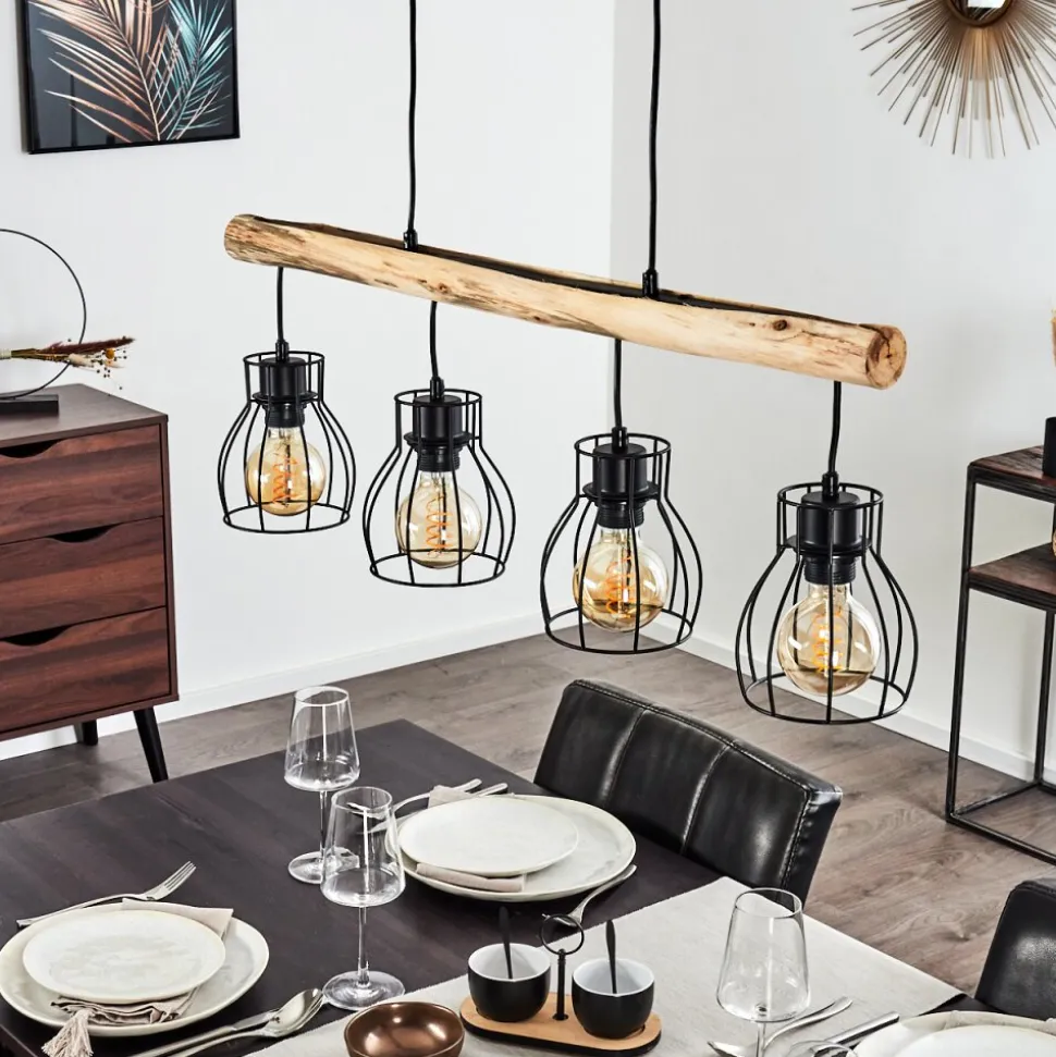 Suspension Gondo Bois Clair, Noir, 4 Lumieres