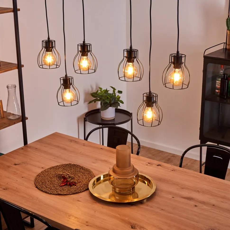 Suspension Gondo Bois Clair, Noir, 6 Lumieres