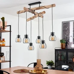 Suspension Gondo Bois Clair, Noir, 6 Lumieres