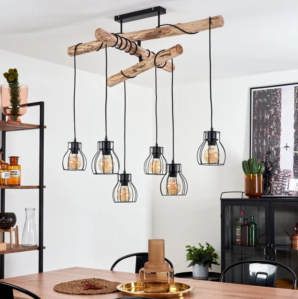 Suspension Gondo Bois Clair, Noir, 6 Lumieres