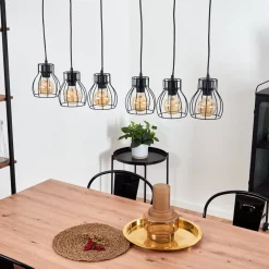 Suspension Gondo Bois Clair, Noir, 6 Lumieres