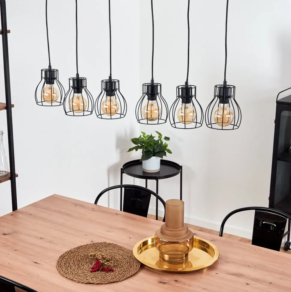 Suspension Gondo Bois Clair, Noir, 6 Lumieres