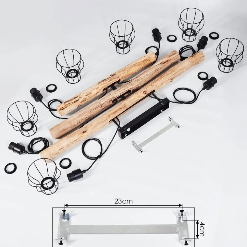 Suspension Gondo Bois Clair, Noir, 6 Lumieres