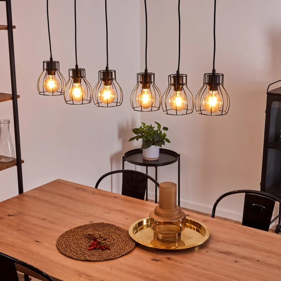 Suspension Gondo Bois Clair, Noir, 6 Lumieres