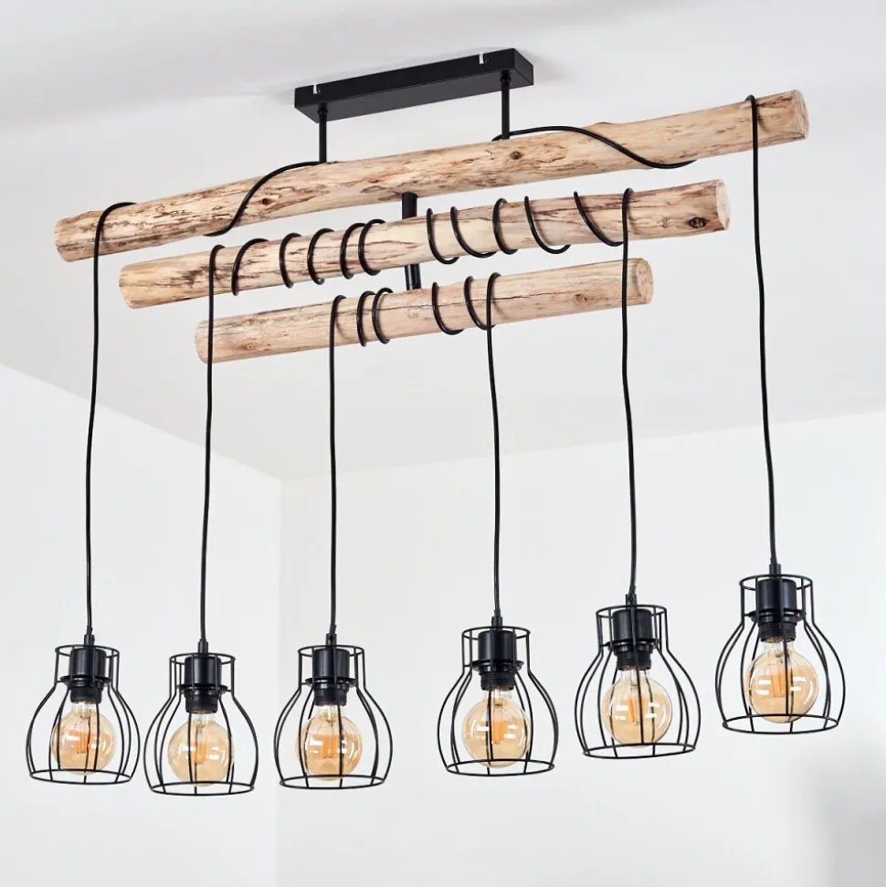 Suspension Gondo Bois Clair, Noir, 6 Lumieres