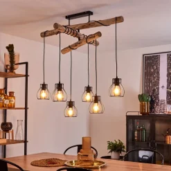 Suspension Gondo Bois Clair, Noir, 6 Lumieres