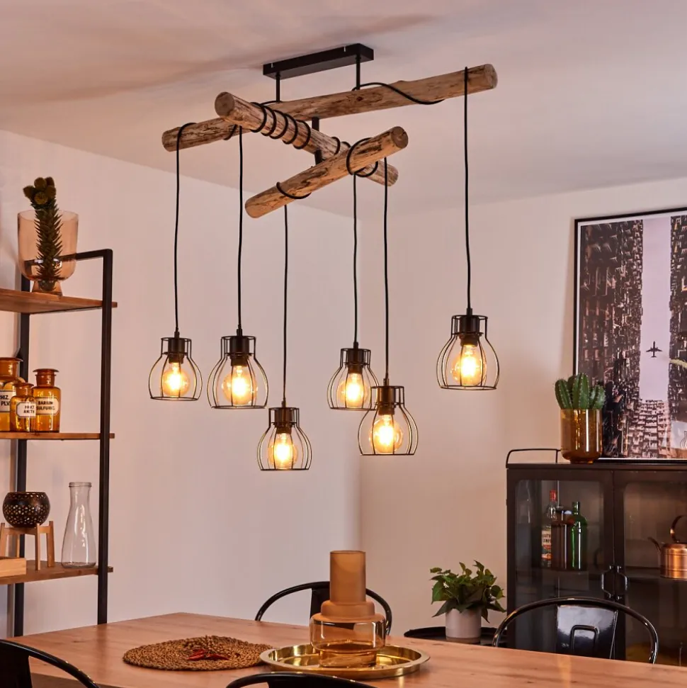 Suspension Gondo Bois Clair, Noir, 6 Lumieres