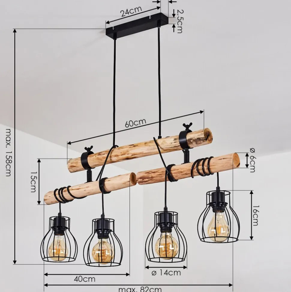 Suspension Gondo Bois Fonce, Noir, 4 Lumieres