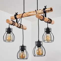 Suspension Gondo Bois Fonce, Noir, 4 Lumieres