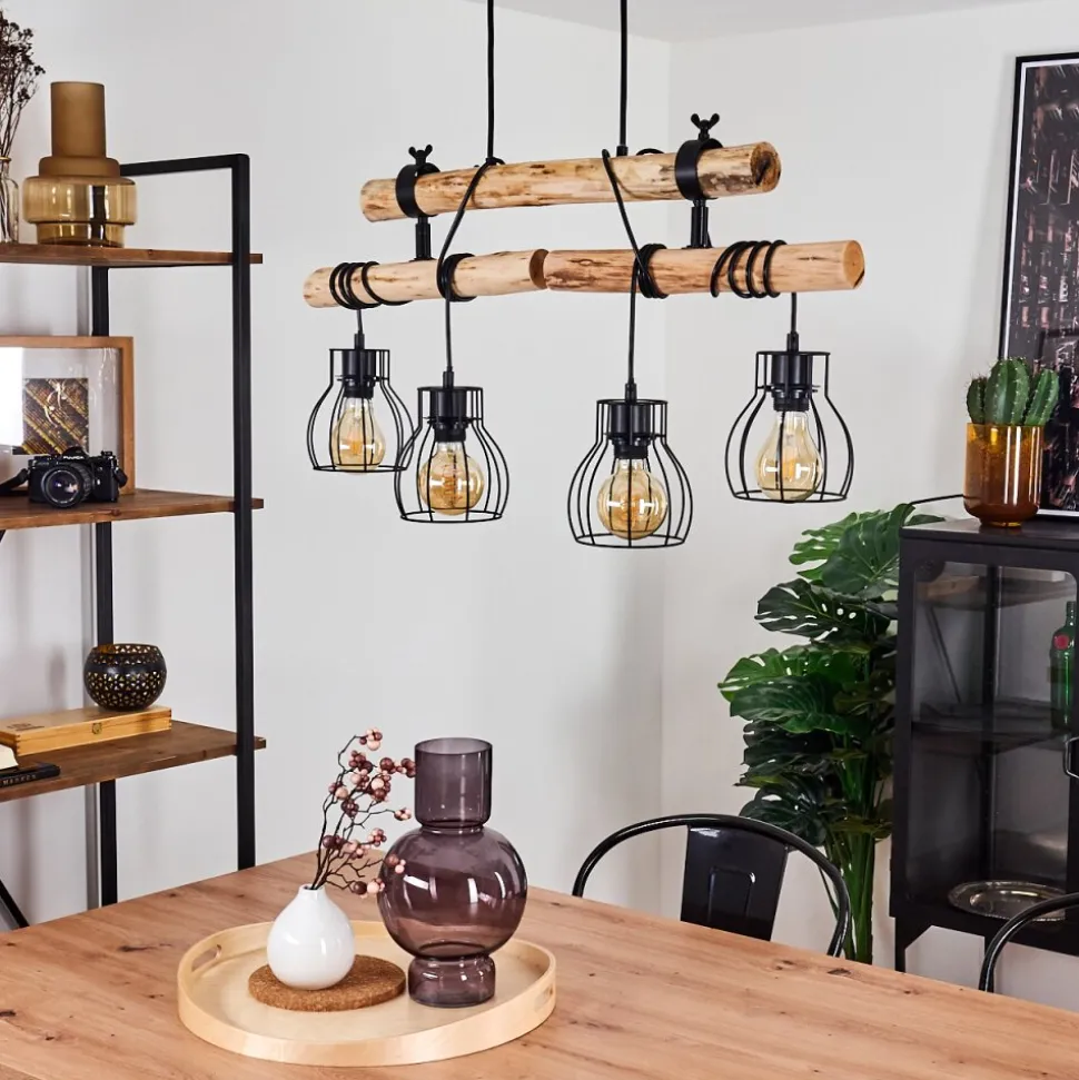 Suspension Gondo Bois Fonce, Noir, 4 Lumieres