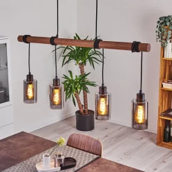 Suspension Hunouri Bois Fonce, Noir, 4 Lumieres