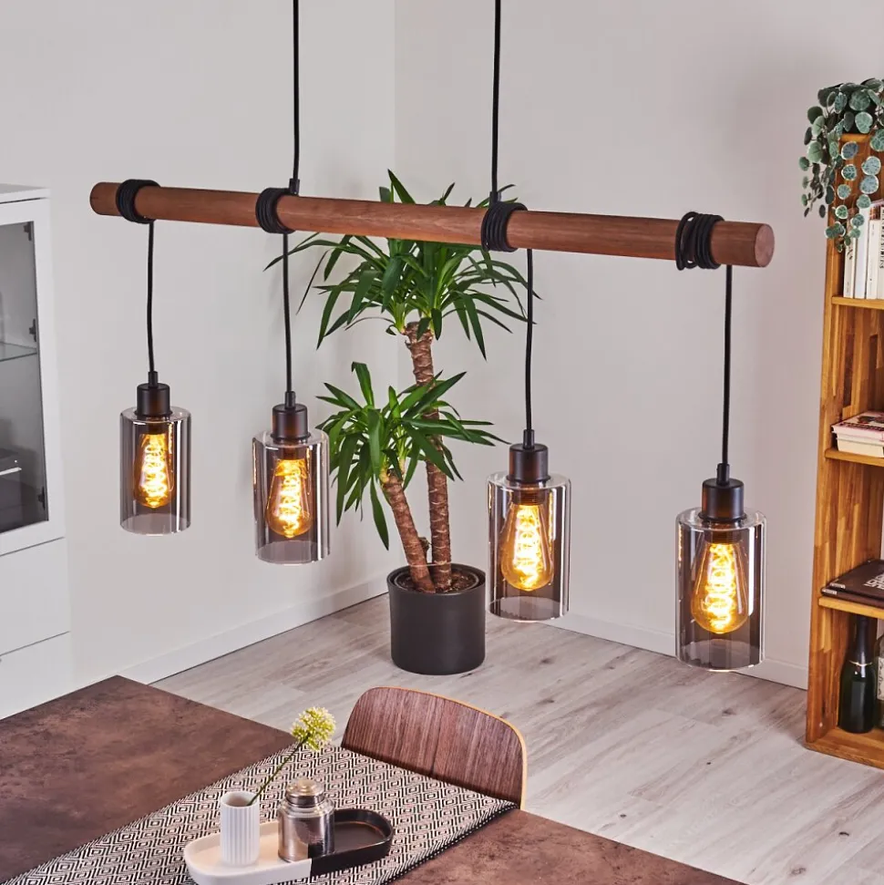 Suspension Hunouri Bois Fonce, Noir, 4 Lumieres