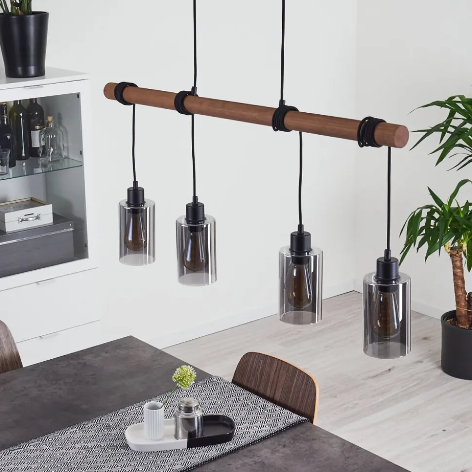 Suspension Hunouri Bois Fonce, Noir, 4 Lumieres
