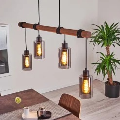 Suspension Hunouri Bois Fonce, Noir, 4 Lumieres