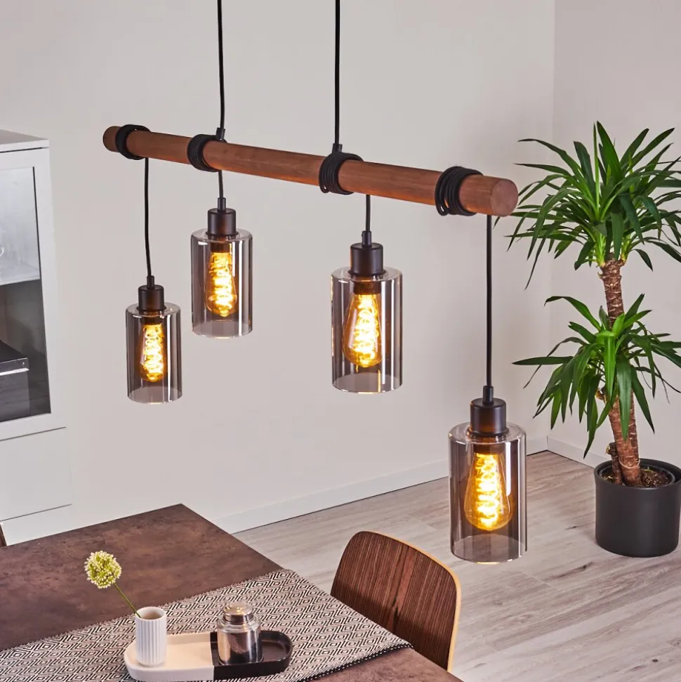 Suspension Hunouri Bois Fonce, Noir, 4 Lumieres
