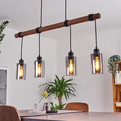 Suspension Hunouri Bois Fonce, Noir, 4 Lumieres