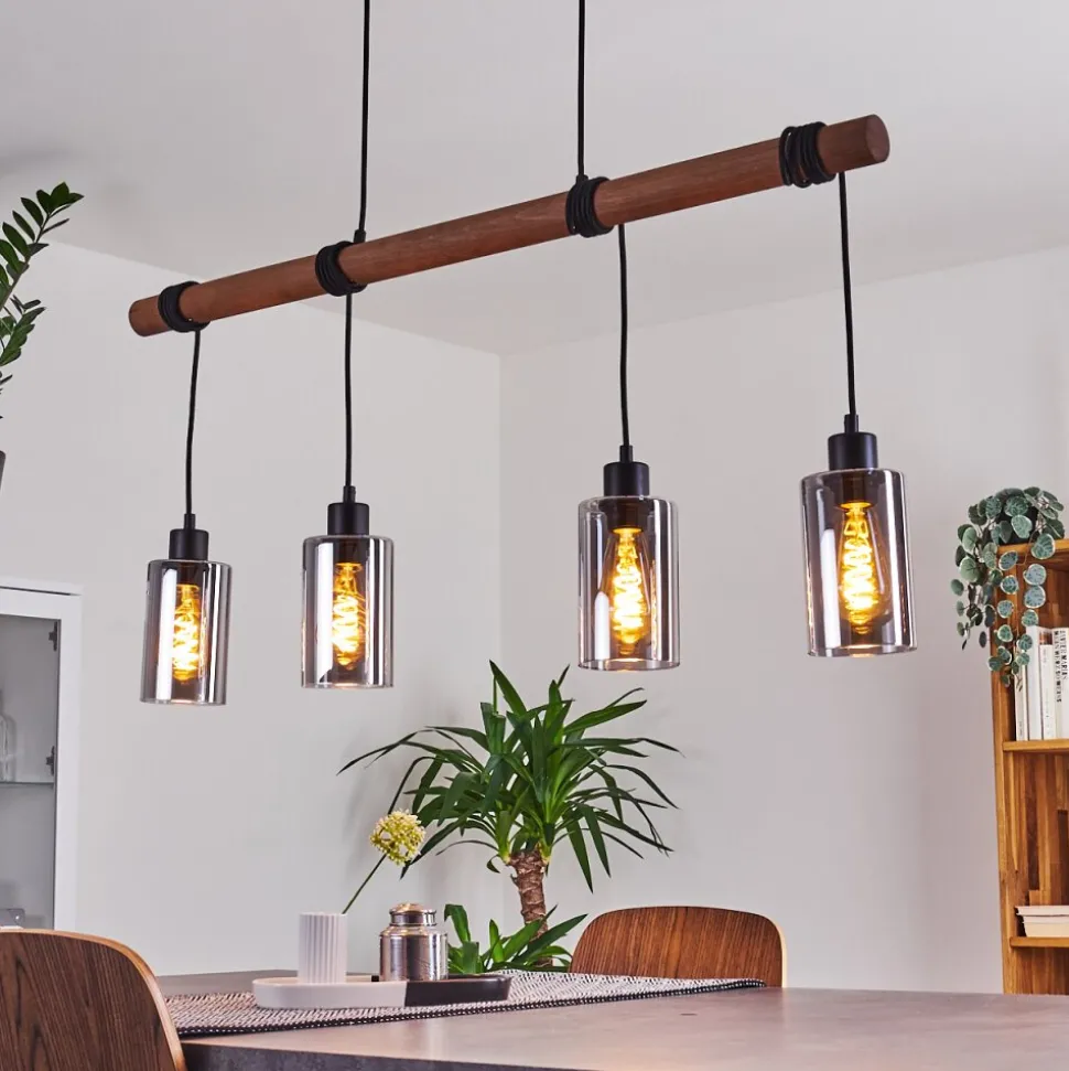Suspension Hunouri Bois Fonce, Noir, 4 Lumieres