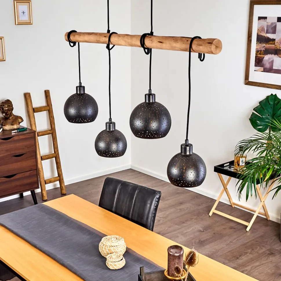 Suspension Imana Bois Clair, Noir, 4 Lumieres