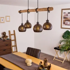 Suspension Imana Bois Clair, Noir, 4 Lumieres