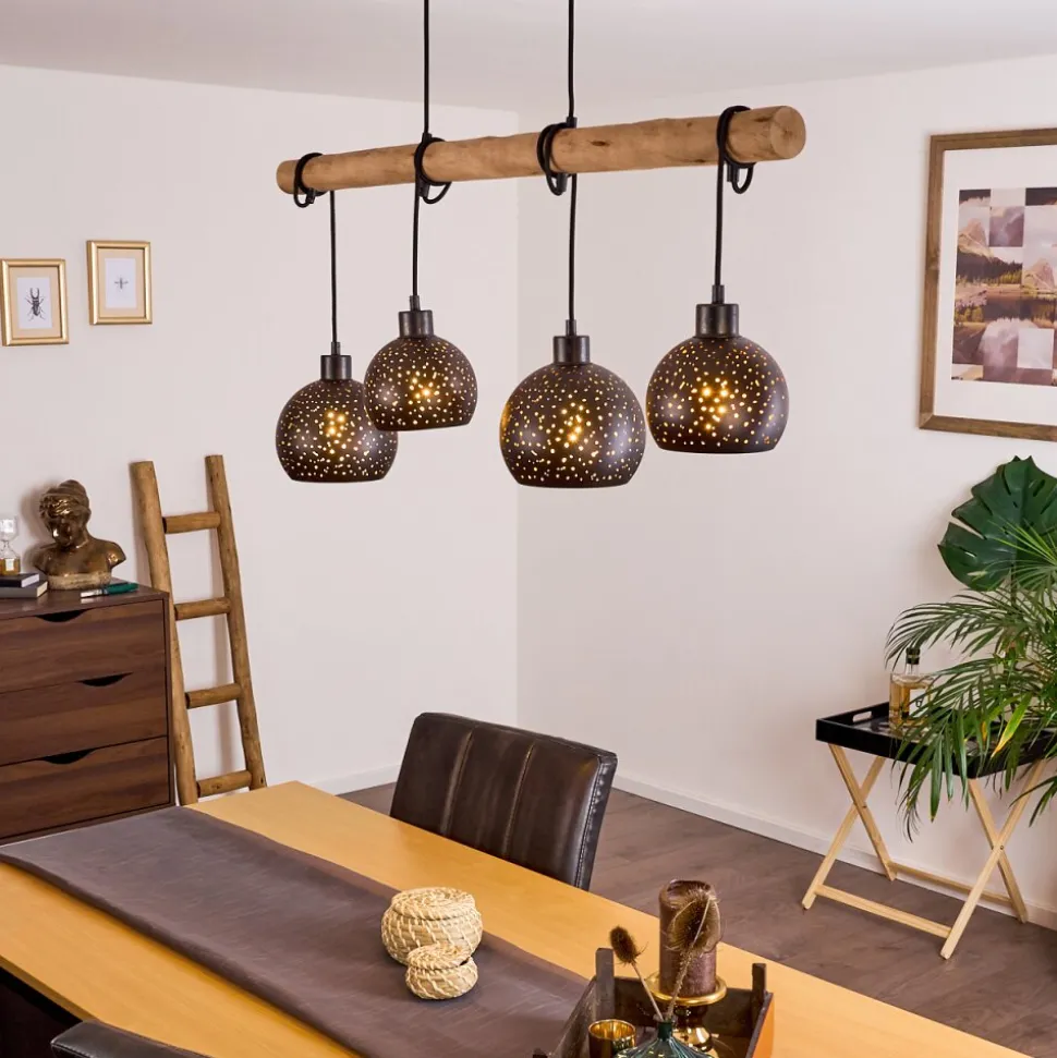 Suspension Imana Bois Clair, Noir, 4 Lumieres