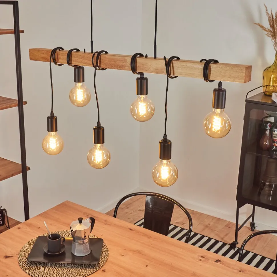 Suspension Mantigan Bois Clair, Noir, 6 Lumieres