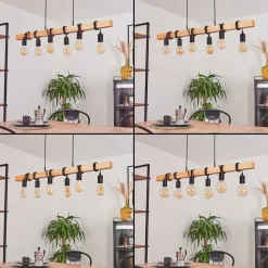 Suspension Mantigan Bois Clair, Noir, 6 Lumieres