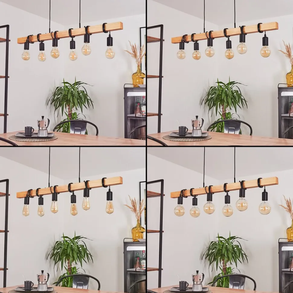 Suspension Mantigan Bois Clair, Noir, 6 Lumieres