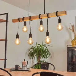 Suspension Mantigan Bois Clair, Noir, 6 Lumieres
