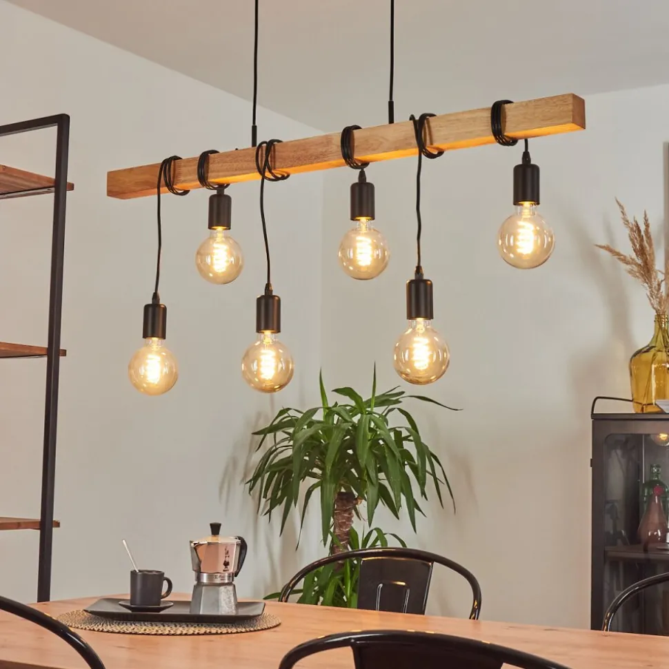 Suspension Mantigan Bois Clair, Noir, 6 Lumieres