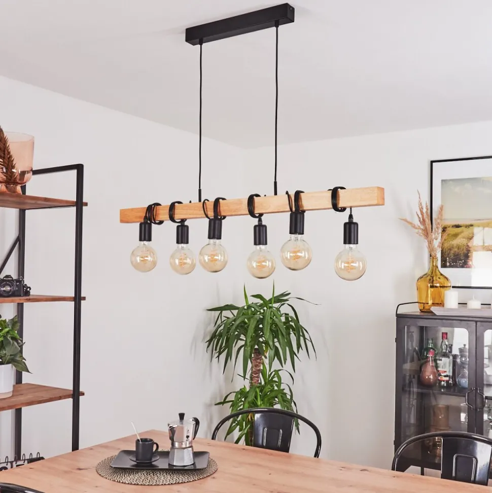 Suspension Mantigan Bois Clair, Noir, 6 Lumieres