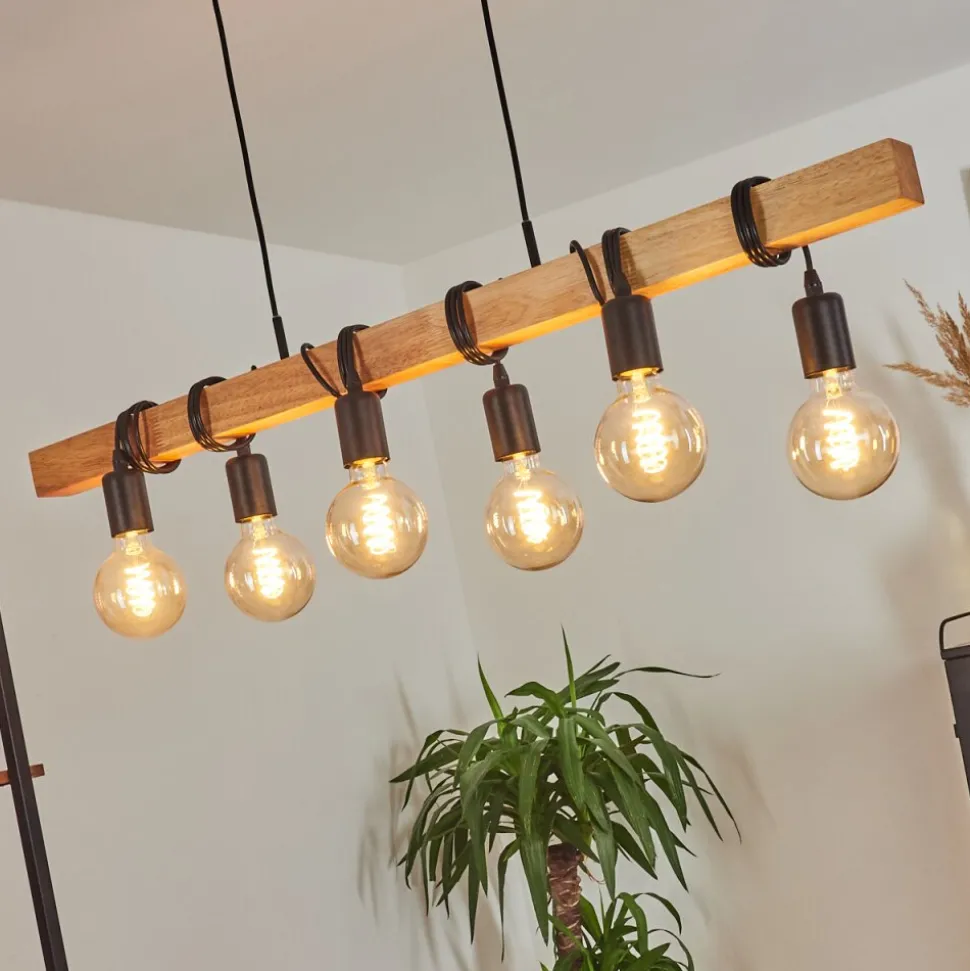 Suspension Mantigan Bois Clair, Noir, 6 Lumieres