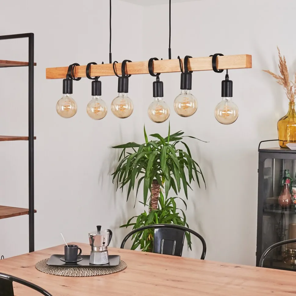 Suspension Mantigan Bois Clair, Noir, 6 Lumieres