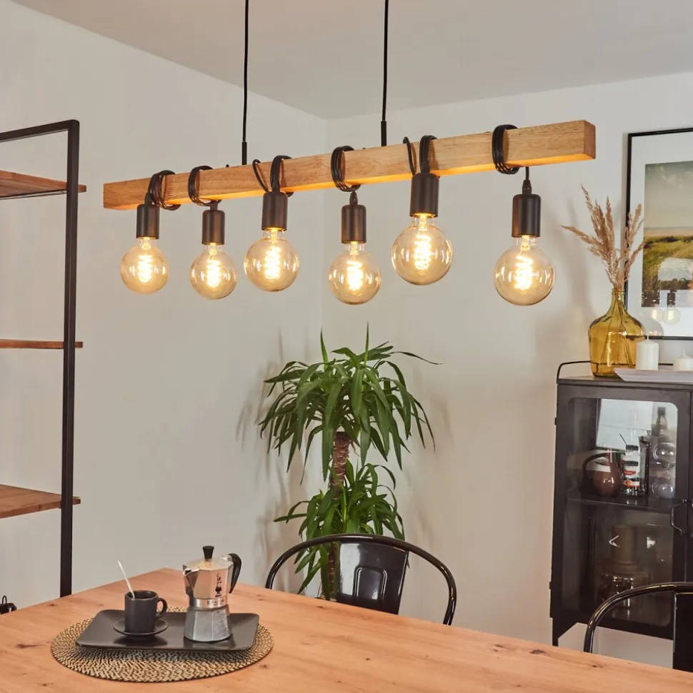 Suspension Mantigan Bois Clair, Noir, 6 Lumieres