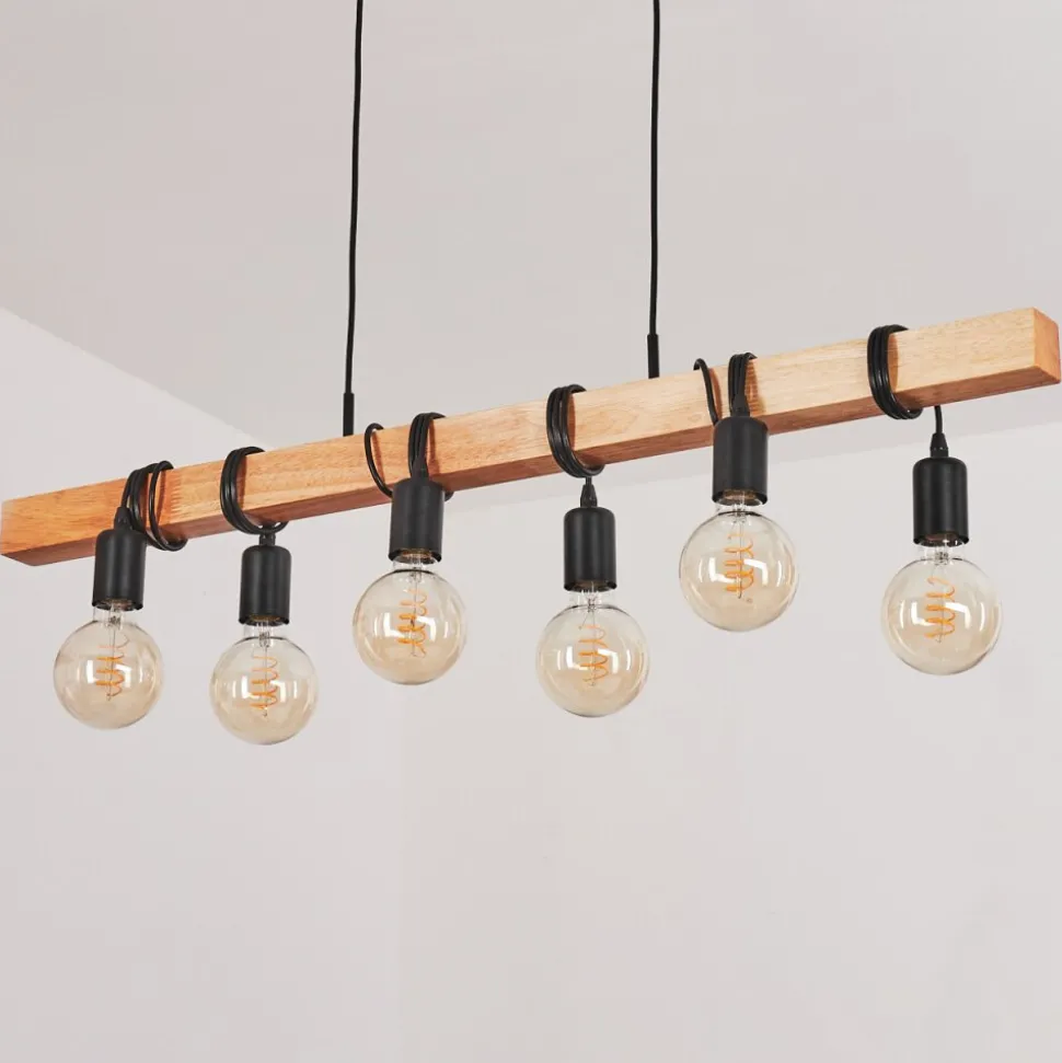Suspension Mantigan Bois Clair, Noir, 6 Lumieres