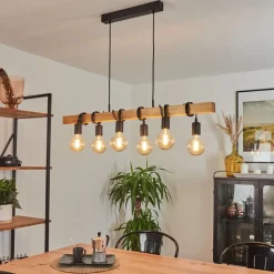 Suspension Mantigan Bois Clair, Noir, 6 Lumieres