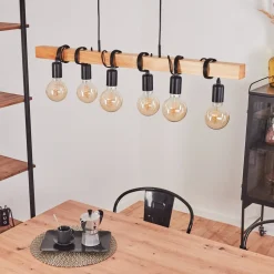 Suspension Mantigan Bois Clair, Noir, 6 Lumieres